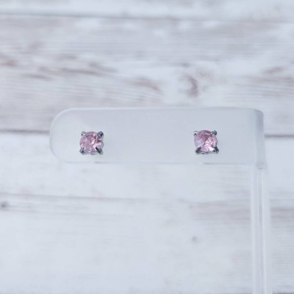 Stud Earrings - Pink Gem - Tarnished Metal